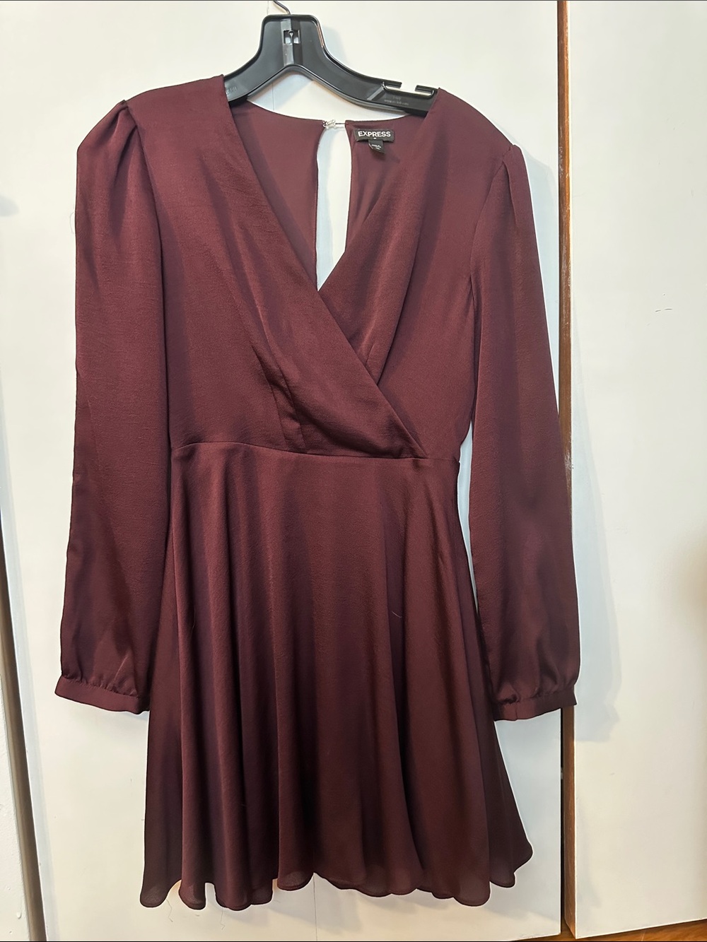Express Women's Burgundy Long-Sleeve Wrap Skater Dress